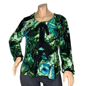 Apt. 9 Blouse Long Sleeve Roses Print Black and Green Pullover Size XL